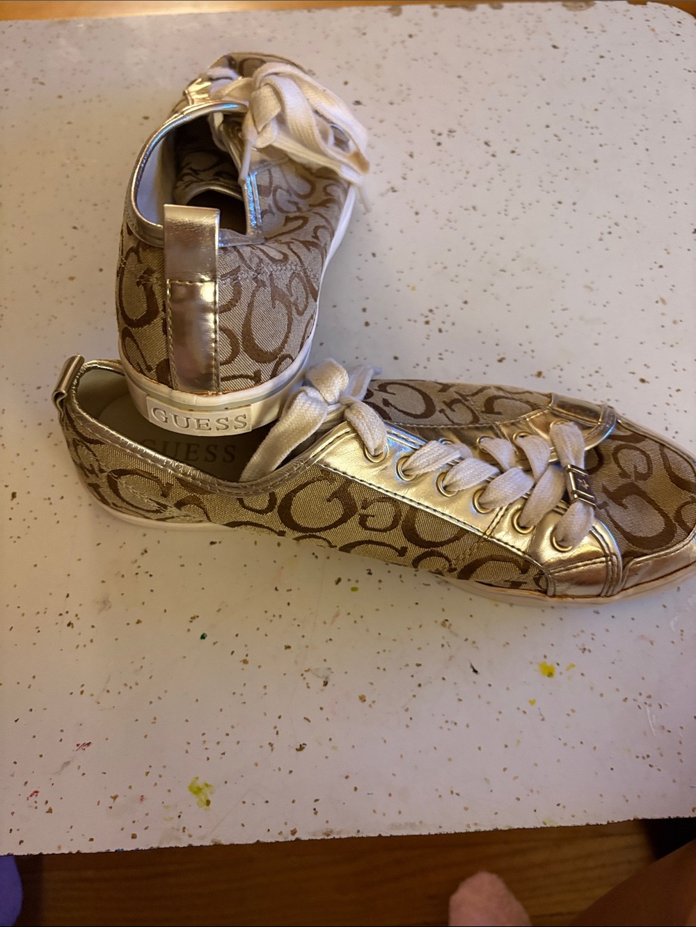 Guess Women’s Logo Print Metallic Tan & Gold Sneakers